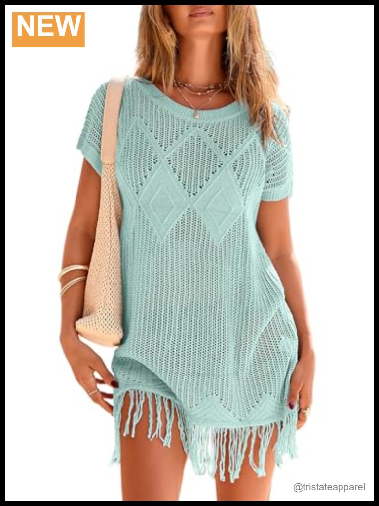 Crochet Swimsuit Cover Up Beach Dress Tassel Trim Knit